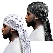 2PCS/LOT New Amoeba printed silk pirate hat Men Long Tail Pirate Cap Waves Strap Strap Baotou  Release Hat unisex One Size