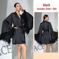 Black Satin Bell Sleeve Short Robe with Feather Cuffs - Women's Light Luxury Party Loungewear Medium juoda