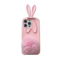 3D Cartoon Rabbit Ear Foldable Holder Silicone Phone Case For iPhone 17 16 15 14 13 Pro Max Plush Hairball Tail Shockproof Cover iPhone 15 rožinė