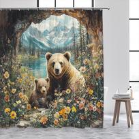Natural Cave Brown Bear Shower Curtain Snow Mountain Lake Watercolour Floral Plants Animal Bath Curtains Fabric Bathroom Decor W60H190(CM)-1 Pcs