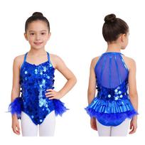 Kids Girls Ballet Dance Costume Sparkly Sequins Sleeveless Jazz Latin Feather Skirted Leotard Ballroom Dance Dress Clothes 5-6 Years karališkos mėlynos spalvos