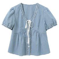 Sancai Women's Plaid V-Neck Puff Sleeve Blouse S