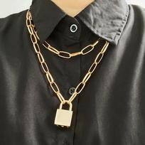 Fashion Double Layer Lock Chain Necklace Men Punk Link Chain Padlock Pendant Necklace AVE auksas