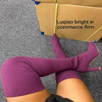 Moteris Virš kelių Batai Žieminiai Šlaunų Megzti Elastingos Kojinės Batai Šilti Seksualūs Stiletai Kulnai Smailianosiai Ilgi Batai 35-43 botas mujer 38 gray