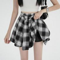 Hong Kong Style Women's 2-Piece Plaid Shirt & Irregular Half-Skirt - Summer 2026 Retro Casual Layering Fashion S juoda