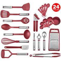24Pcs Nylon Kitchen Utensils Set, Non-stick Cooking Tools with Heat-Resistant Handle, Apartment Must Haves raudona