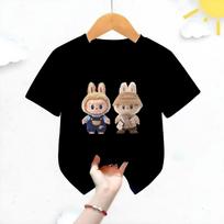 2025 New LABUBU Printed Short Sleeved Fashionable and Versatile Round Neck T-shirt Casual Cartoon Style Girl's Top 110
