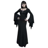 Moteriška Helovino suknelė žuvies uodegos apvadu plonas, netaisyklingas raukinis rankogaliai, šikšnosparnio rankovės, gotikinė apvaliu kaklu, vienspalvė Cosplay Performance Maxi suknelė S juoda