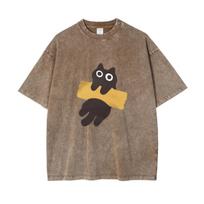 Japanese Style Men's T-Shirts Cotton Fun Adhesive Tape Cat Print Short Sleeve Washed Tshirts Men Oversized O-Neck Clothings S