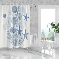 1 x Ocean Elements Jūros žvaigždžių ir kriauklių rašto dušo užuolaida - Mėlyno ir balto jūrinio dizaino, poliesterio, su kabliukais, voniai 90x180cm white