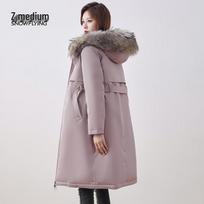 Women's Long Reversible Down Jacket with Raccoon Fur Collar L