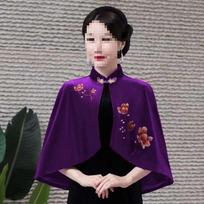 Elegant Women's Embroidered Gold Velvet Qipao Shawl Jacket 3XL for 140-160 jin violetinė