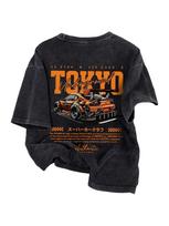 Washed Double-Sided Tokyo Underground Racing Print 100% Cotton Oversized Short Sleeve T-shirt L juoda