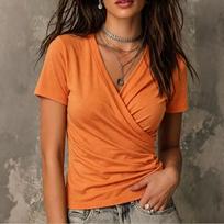 Women Cross V Neck Ruched Short Sleeve T Shirt Casual Top Stretchy Soft Fabric Slim Fit Lightweight Summer Blouse M oranžinė