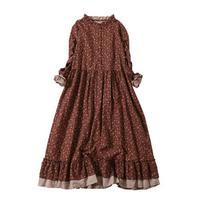 Vintage Cottagecore Mori Girl Floral Print Ruffled Collar Loose Long Sleeve Cotton Midi Dress Spring Autumn for Women One Size oranžinė
