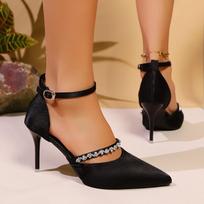 Madingi moteriški elegantiški balti satininiai aukštakulniai bateliai Madingi krištolo dekoruoti vakarinių suknelių bateliai Moteriški smailianosiai su kulkšnies dirželiu stiletto aukštakulniai 38 balta
