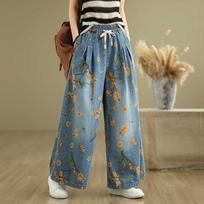 Summer Denim Full Print Wide-leg Pants Loose and Thin Elastic Waist Straight Mopping Pants Women M