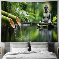Buddha Zen Bamboo Water Stream Lake Nature Wall Tapestry Machine Washable All Season Decor Art Print Oriental Peace Design Home 74x94cm(29x37in) gray