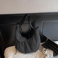 Korean Ins Lazy Style Cow Horn Bag Large Capacity Canvas Bag Pleated Plaid Commuting Shoulder Crossbody Bag for Women juoda