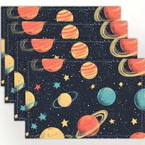 4pcs, Space Planets Stars Galaxy Placemats Linen Kids Room Decor Astronomy Science Kitchen Table Mat Solar System 4PCS
