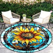 Sunflower Bee Round Area Rug Non-Slip Washable Indoor Outdoor Carpet for Living Room Bedroom Office Durable Floor Mat Diameter 60cm