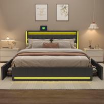 Minkšta dvigulė lova 180×200 cm su LED apšvietimu, 4 stalčiais ir USB įkrovimu – lino audinio lova su galvūgaliu, tamsiai pilka