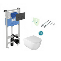 Komplektas 4in1 Ideal standard + mygtukas juodas matinis , Galassia Dream Rimless klozetas su lėtaegiu dangčiu