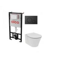 Alcadrain potinkinis rėmas su juodu mygtuku ir Connect Air AquaBlade klozetu