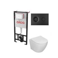 Potinkinis WC rėmas Alcadrain 5in1 su Alca fresh ir  Sinto klozetas su sukūrinė vandens nuleidimo sistema ir lėtaegiu dangčiu ir juodu matiniu mygtuku