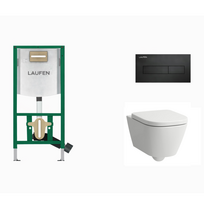 Laufen WC rėmas INEO su juodu matiniu klavišu HORIZON ir Laufen MEDA pakabinamas unitazas + dangtis