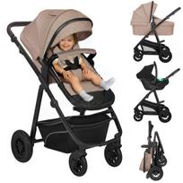 Vežimėlis 3in1 iki 22 kg, lopšys + sportinė dalis + kėdutė, pripučiami ratai, amortizacija, 360° ratai, XXL gaubtas – Lionelo Bianka Beige Taupe