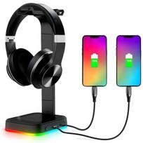 Juodas RGB LED ausinių stovas su metaliniu pagrindu