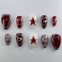24PCS Dark Red Almond Fake Nail Metallic Silver Lines with Star Pattern French Press on Nail Wearable Ins Nail Tip Set for Women