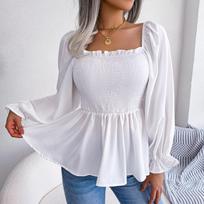 Real Shot Spring/Summer 2025 Women's Casual Ruffle Square Neck Long Sleeve Chiffon Top XL balta