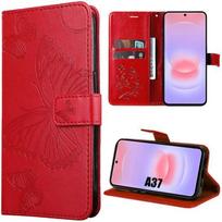 Coque pour Samsung Galaxy A37 5G, Protection Rabat Anti-Rayures Synthécuir Relief Papillon - Rouge raudona