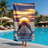 Ocean Sunset Orca Theme polyester microfiber beach towel is highly absorbent, suitable for swimming and beach outings W30*H60(CM)