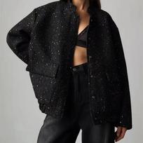 Coats for Women Autumn Sequins Jacket Stand-up Collar Oversized Windbreaker Loose Casual Coat Top S