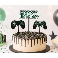 Torto smeigtukas „Game On Happy Birthday“ 10 x 14 cm – kompiuterinių žaidimų ir Minecraft temos torto dekoracija