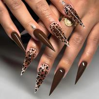 24PCS Maillard Leopard Print Patterns Press on Nail Brown Blush Gradient Fake Nail for Women Retro Long Stiletto False Nail Tips brown