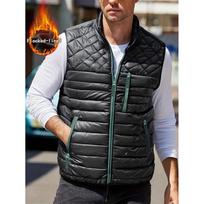 Men's Solid Color Fleece-lined Zip-up Vest, Stand Collar, Sleeveless, Outdoor Casual Warm Vest Jacket L