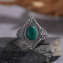 Vintažinis S925 sterlinginio sidabro žiedas su natūraliu malachitu, mėlynu auksu, žaliu chalcedonu, Tailando sidabro, moteriškas, atviras, teismo stiliaus gray