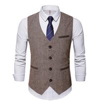 Men's Khaki Tweed Suit Vest V-Neck Slim Fit Formal Business Waistcoat with Pockets M