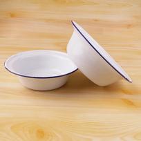 White Enamel Soup/Rice Bowl with Blue Rim - Nostalgic Design, Customizable Logo 14cm White Deep Basin