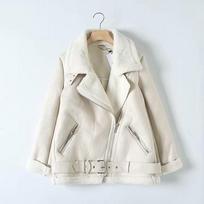 Women's Mid-length Lambswool Leather Motorcycle Jacket - European & American Winter Style Small