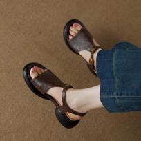 Soft leather version~ Round head camellia open-toed sandals women's 2025 summer new thick-soled retro casual Roman sandals 35 ruda