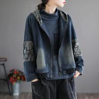 Denim Jacket Blouse Shirt for Women Long Sleeve Patchwork Hooded Denim Jacket Casual Oversize Plaid Loose Coat Top S