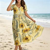 Summer Dresses for Women Uk Ladies Summer Dresses Uk Womens Summer Dresses Uk Short Sleeve V Neck Floral Print Casual Maxi Dress XXL smėlis