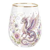 Stemless Glass with Hand Painted Rim and Floral Design for or Wine 16 Ounce Capacity One Size