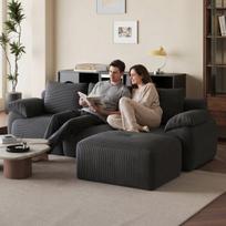 Modulinė L formos kampinė sofa su miegojimo funkcija, 3 atlošais ir 4 pagalvėlėmis, velvetinis audinys, nereikia surinkti, tamsiai pilka