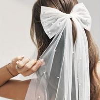 Elegant Bridal Bow Veil with Imitation Pearls White Tulle Clip-on Wedding Accessories balta